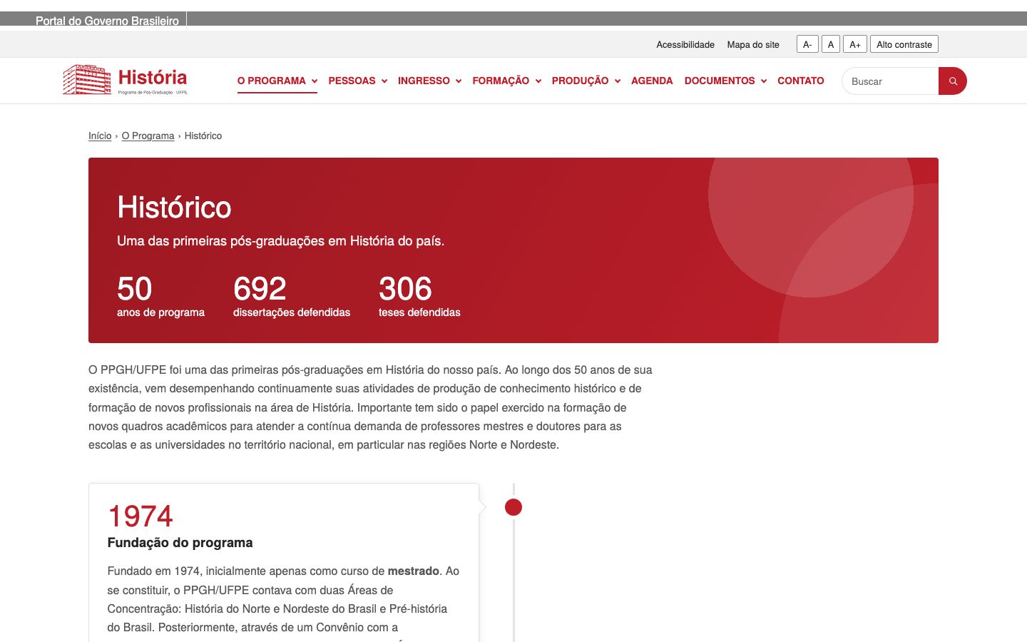 Página Histórico do site do PPG em História da UFPE: números em destaque e linha do tempo